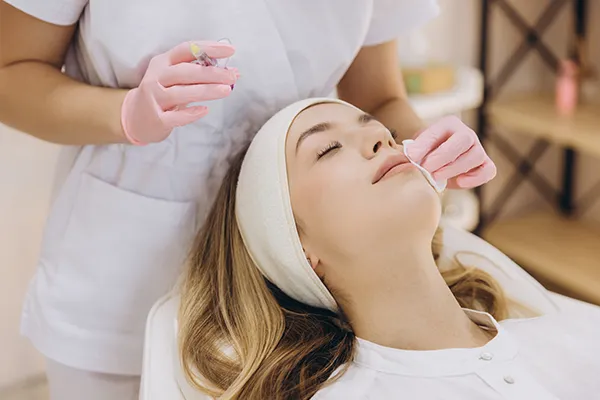 A smiling woman lays back while a dental professional inspects her face in preparation for a cosmetic dermal fillers treatment. A smiling woman lays back while a dental professional inspects her face in preparation for a cosmetic dermal fillers treatment.